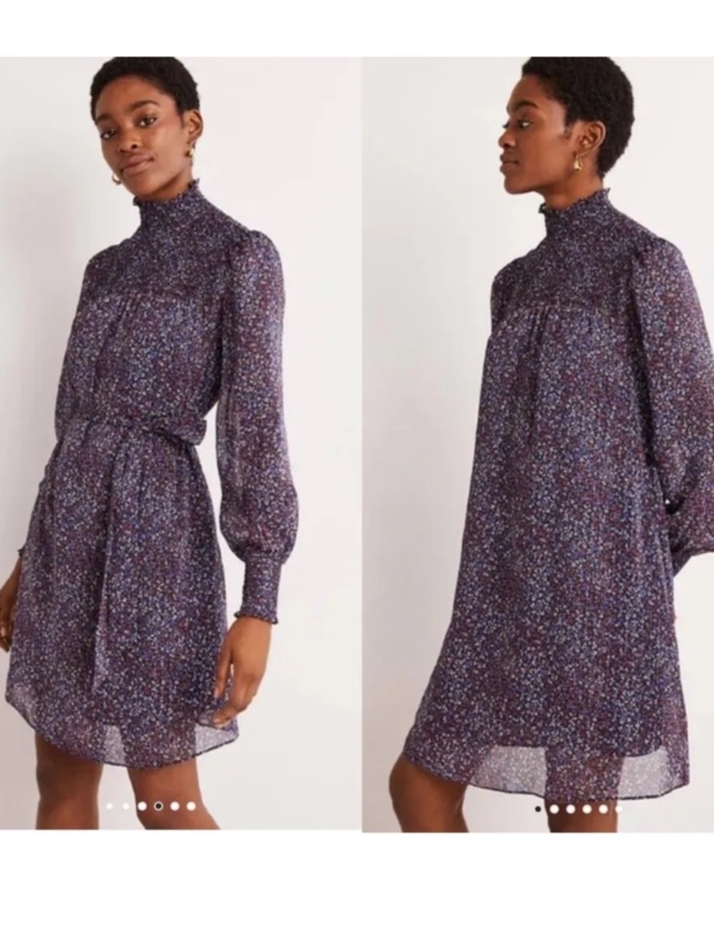 Boden Smocked Floral Silk-Blend Metallic Dress Pockets - US 10R NWOT